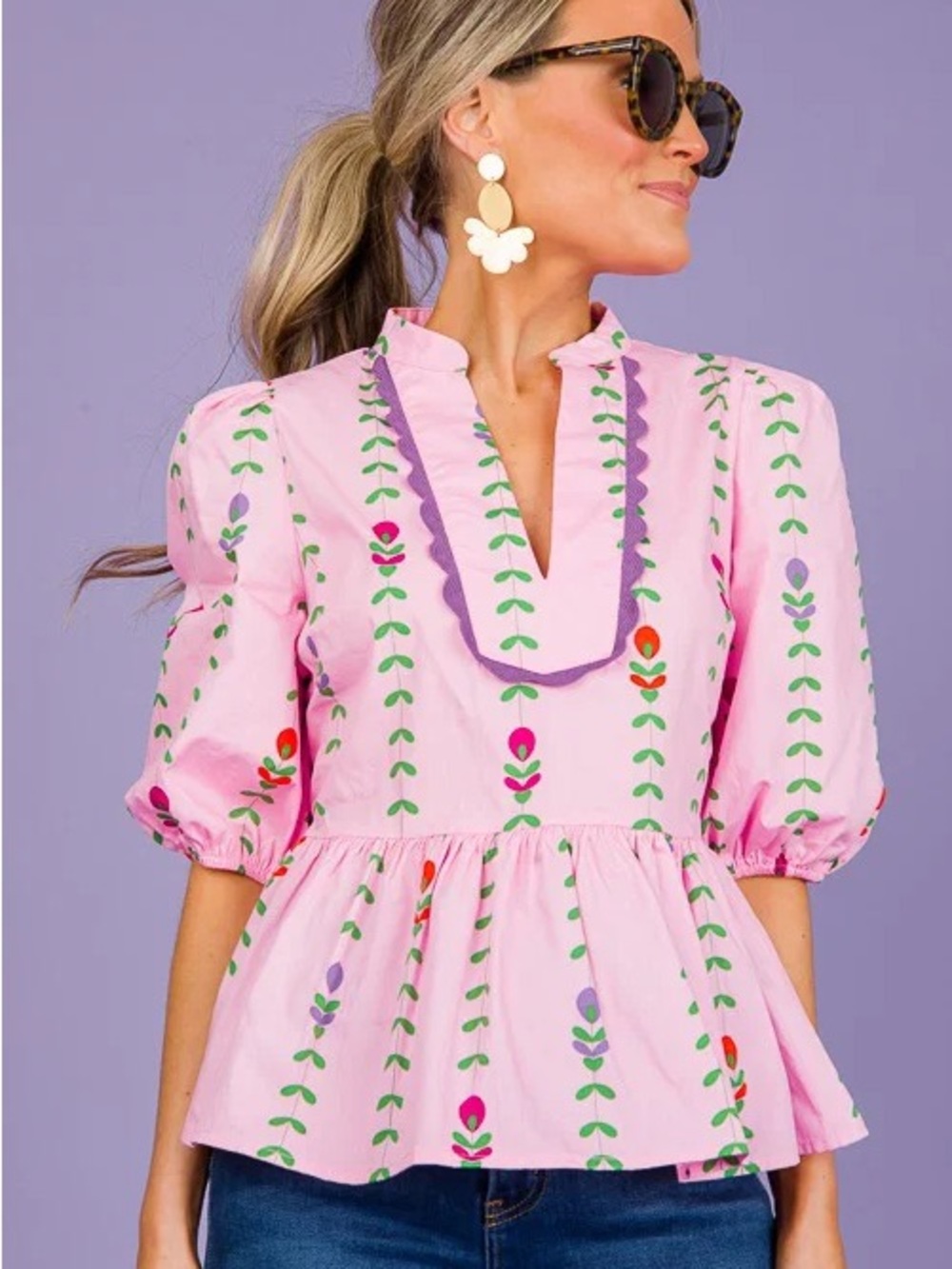 Karlie Pink Floral Vine Scallop Ruffle-Trim Peplum Top
